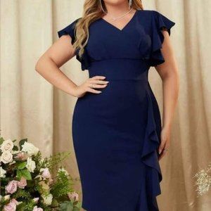 Knitee Women's Plus Size Vintage V Neck Ruffle Sleeve Cocktail Pencil Dress